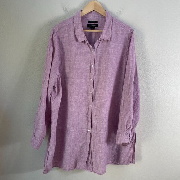 Tahari Tops - Tahari Womens Plus 2X Lavender 100% Linen Button Up Shirt Roll Tab Sleeve Top